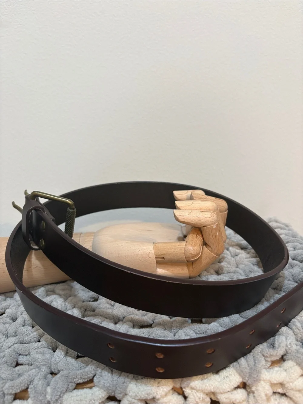 Men's Classic Dark Brown Leather Belt with Antique Brass Buckle